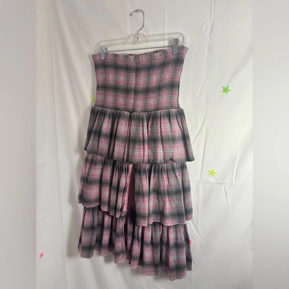 Revolve LIKELY Grey Pink Plaid Ruched Tiered 90’s Babydoll Grunge Midi Skirt M/L